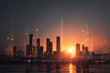 Obraz premium Futuristic digital skyline during sunset, featuring lights and layers of data floating above.