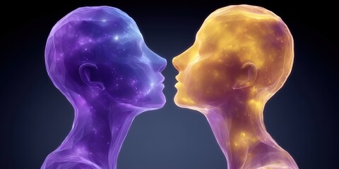 Intricate interstellar figures of two abstract human heads facing each other, showcasing vivid hues of purple and orange, symbolizing emotional connection and cosmic energies transcending