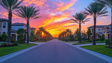 Palm Tree Road Sunset Sky View