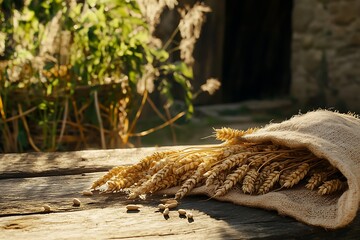 Golden Wheat Stalks in Burlap Sack Scattered on Rustic Wooden Table in Sunlight