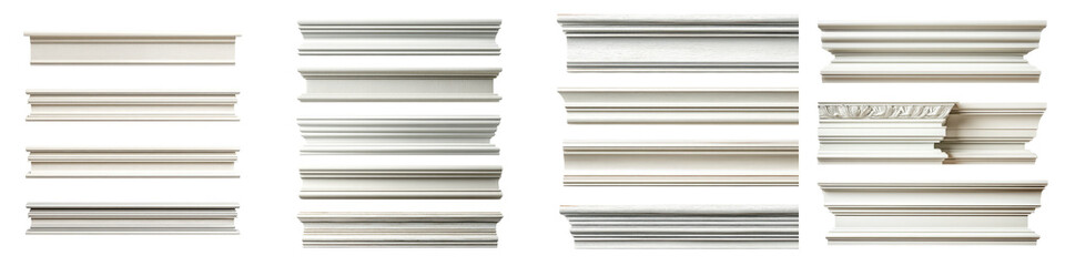 Exquisite collection of moulding profiles showcasing a range of elegant and textured finishes in pale colors, perfect for interior design applications and architectural enhancements