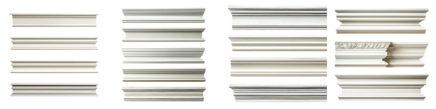 Exquisite collection of moulding profiles showcasing a range of elegant and textured finishes in pale colors, perfect for interior design applications and architectural enhancements