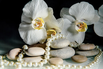 white orchids and pearls lie on the rocks