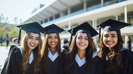 Four women in graduation gowns standing outside a building, smiling and posing for a photo.