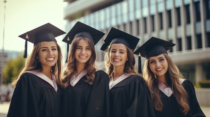 Four women in graduation gowns standing in front of a modern building.