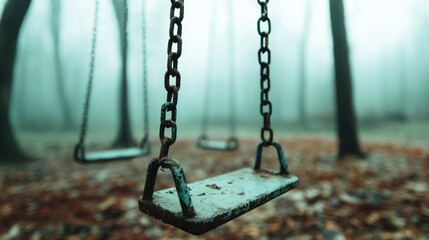 A lonely playground shrouded in a thick, eerie fog with swings swaying.