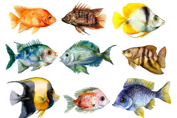 A variety of bright tropical fish painted in vibrant watercolor style.