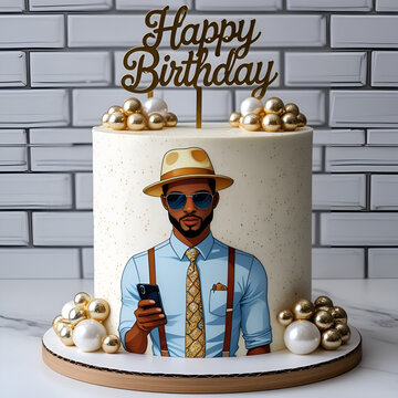Stylish Modern Man Boy Birthday Cake with Chic Gold Accents and Fashion