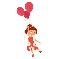 Happy little girl in red dress holding balloons Cheerful child character playing with ballon Cartoon design element for kids celebration design, greeting cards, poster, flyer party Vector illustration