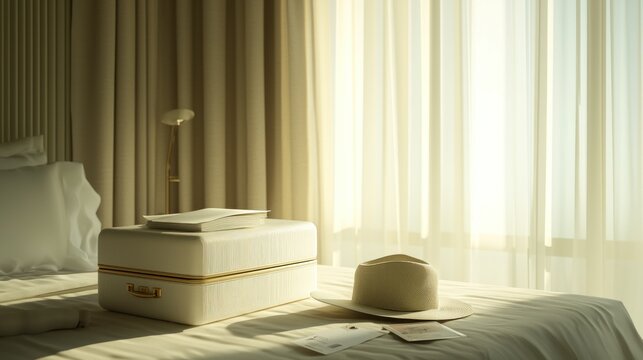 Light filled bedroom interior with luggage - Powered by Adobe