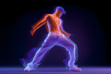 Obraz premium Stylish man dancing hip-hop, breakdance in white clothes on dark background with mixed neon light 