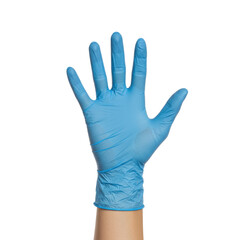 Obraz premium Isolated hand in blue protective rubber glove shows a work gesture