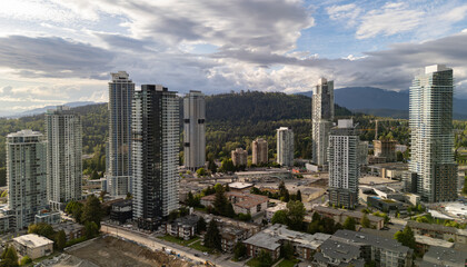 Modern Highrise Buildings in Burnaby, BC Overlooking Lush Forested Landscapes