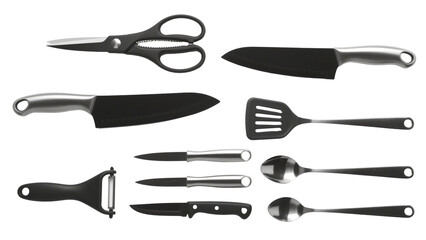 Fototapeta premium High-Quality Kitchen Utensil Set Chef's Knives, Scissors, Spoons, and More