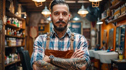 Expert barber showcasing skills in vibrant barbershop with stylish decor and quality grooming services