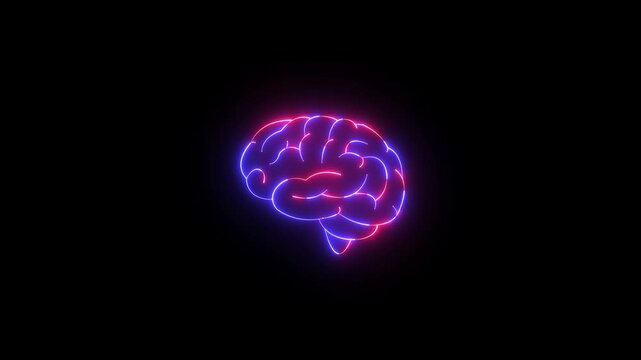 glowing neon human brain icon animation on black background. brain concept neon line .Futuristic human brain concept. 