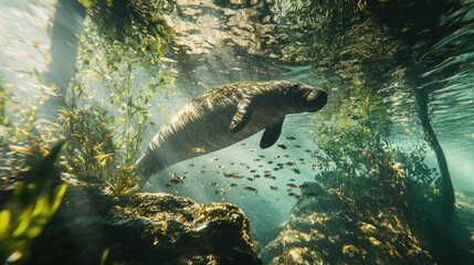 Fototapeta premium Manatee swimming underwater lush seaweed