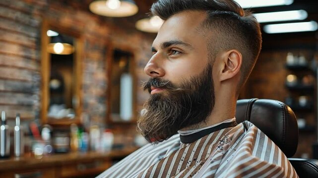 Grooming session at a barbershop featuring a man getting a stylish beard trim and haircut