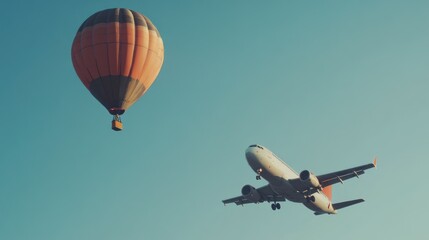 Air Travel: A Hot Air Balloon and Airplane Share the Sky