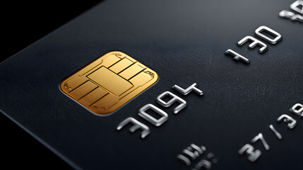 a detailed close-up shot of a sleek black credit card, showcasing the embedded chip and embossed numbers. The focus is on the details of the card, emphasizing the technology and security features