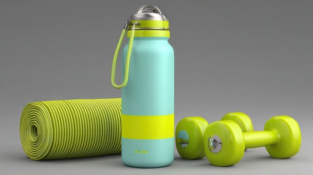Bottle of water dumbbells sport Bottle of Exercise gear featuring a water bottle, weights, and a yoga mat. - Powered by Adobe