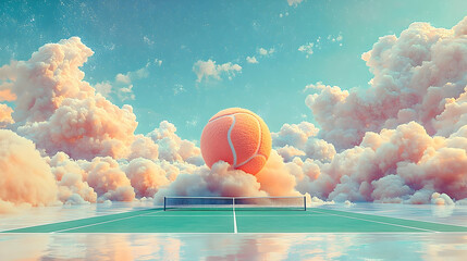 Surreal tennis court scene with a giant ball amongst fluffy clouds.