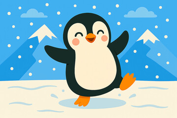 Naklejka premium baby penguin dancing in the snowing mountains