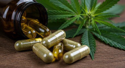 Cannabis CBD Capsules Spilled from a Brown Bottle