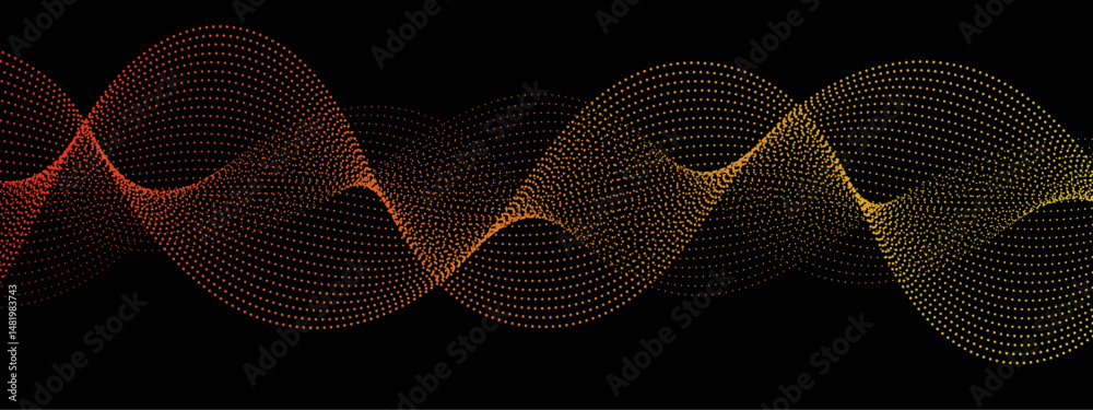 Poster Abstract background design with wavy line pattern in bright Orange& black background.Orange technology sound wave flow concept. Particle wave of Network connection Cybernetics in Dark Background