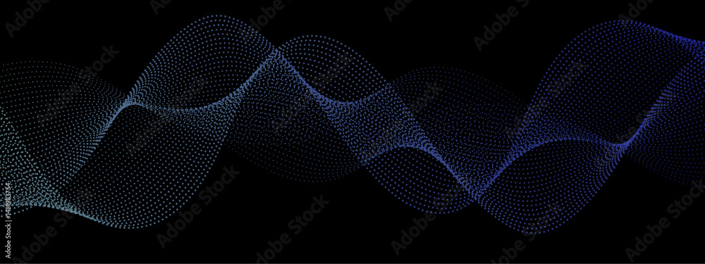 Poster Abstract background design with wavy line pattern in bright blue & black background. Blue technology sound wave flow concept. Blue particle wave of Network connection Cybernetics in Dark Background