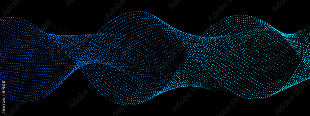 Poster Abstract background design with wavy line pattern in bright blue & black background. Blue technology sound wave flow concept. Blue particle wave of Network connection Cybernetics in Dark Background
