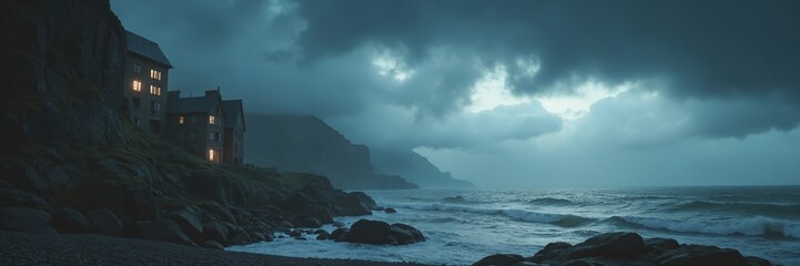 Fototapeta premium Eerie Coastal Scene with Illuminated Windows Under Stormy Skies