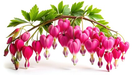 Bleeding Heart Flowers in Full Bloom with Green Leaves on White Background
