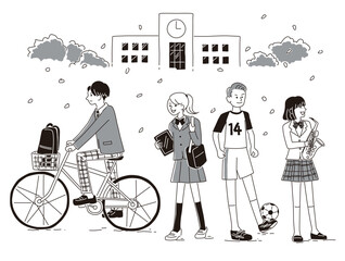 学校に関する男女学生たちのモノクロイラスト