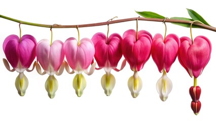 Fototapeta premium A row of stunning pink bleeding heart flowers hanging from a branch