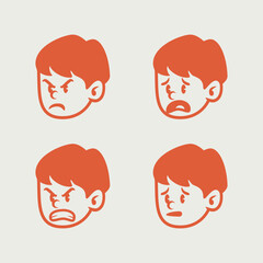 Set of expressive cartoon boy faces showing angry and sad emotions. Retro comic style vector illustration in bold orange line art on light background