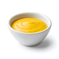 Mustard sauce on white bowl, isolated on white background