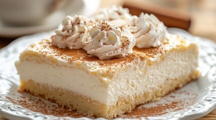 Delicious Tres Leches Cake with Creamy Toppings and Elegant Presentation