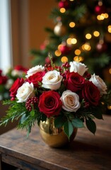 Obraz premium Christmas roses bouquet illuminating festive home decor
