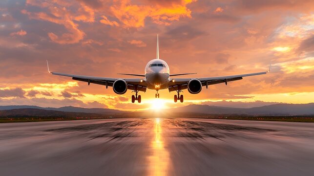 Airplane Landing at Sunset