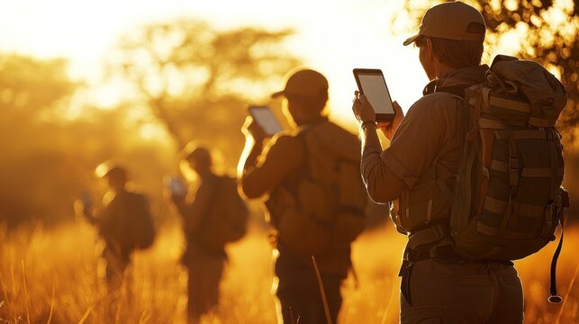People using tablets outdoors golden hour