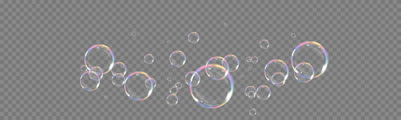 Shiny Realistic Soap Bubbles Collection. Floating Light Bubbles with Rainbow Glow and Glossy Texture on Transparent Background for Beauty, Hygiene, Fun, or Kids Design and Decoration