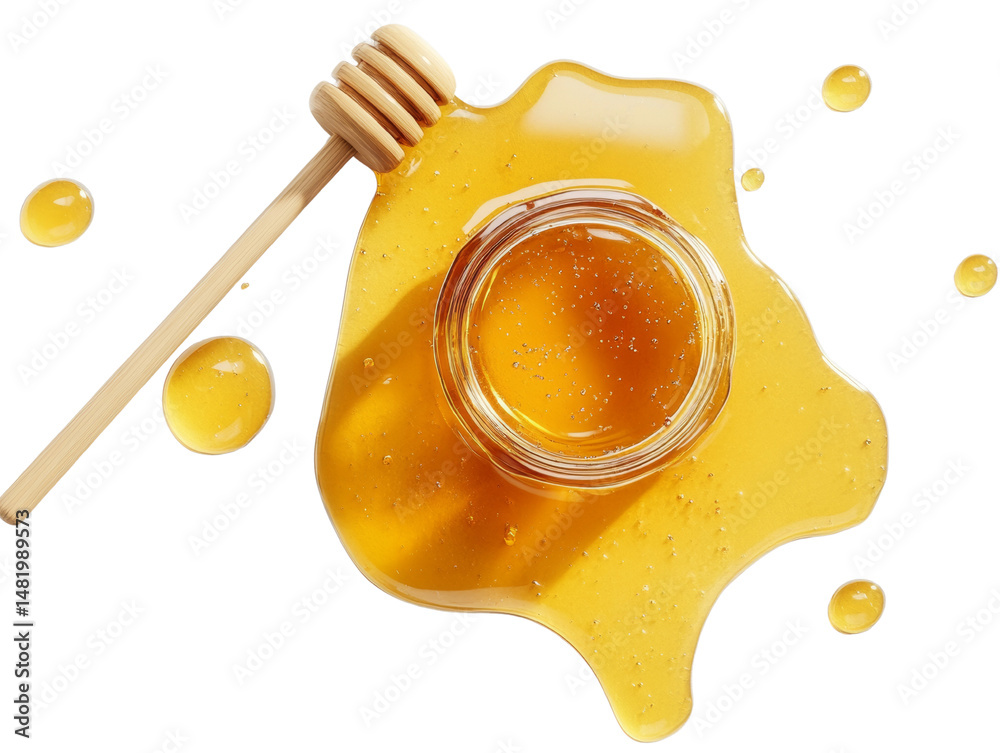 Poster top view of honey jar and dipper creating a sweet delicious food frame