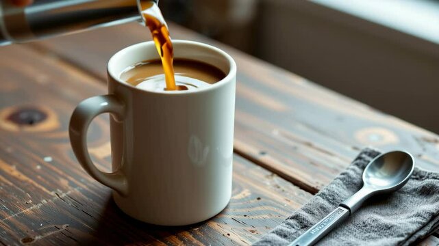 Hot coffee is being poured into a white ceramic mug on a rustic wooden table beside a spoon and a cloth napkin.