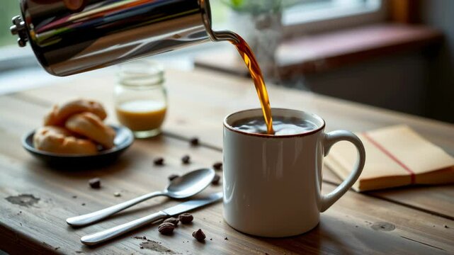 Hot coffee is being poured from a French press into a white mug on a wooden table with pastries, utensils, and a notebook nearby.