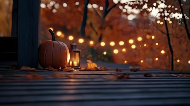Cozy autumnal arrangement with pumpkin, glowing lantern, and string lights set on a wooden porch with fallen leaves.