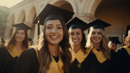 Obraz premium Five women in graduation gowns and caps standing in front of a university building.
