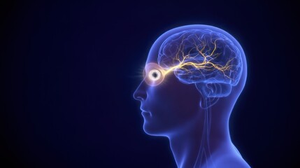 Obraz premium Blue glowing hologram of human head with one eye highlighted to show medical concept of eye pain, eye problems, or eye scratch in technology view