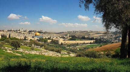 Obraz premium Panoramic View of Jerusalem's Old City and the Dome of the Rock under a Blue Sky