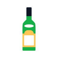 Alcohol bottle. Wine drink. Champagne, alcoholic beverage for festive holiday celebration, bar product with abstract label. Spirits icon. Flat vector illustration isolated on white background